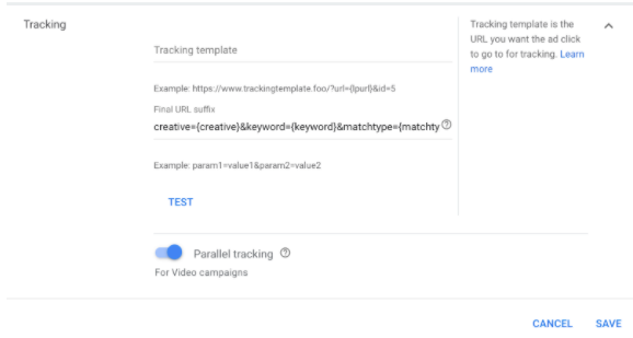 parameters for tracking template