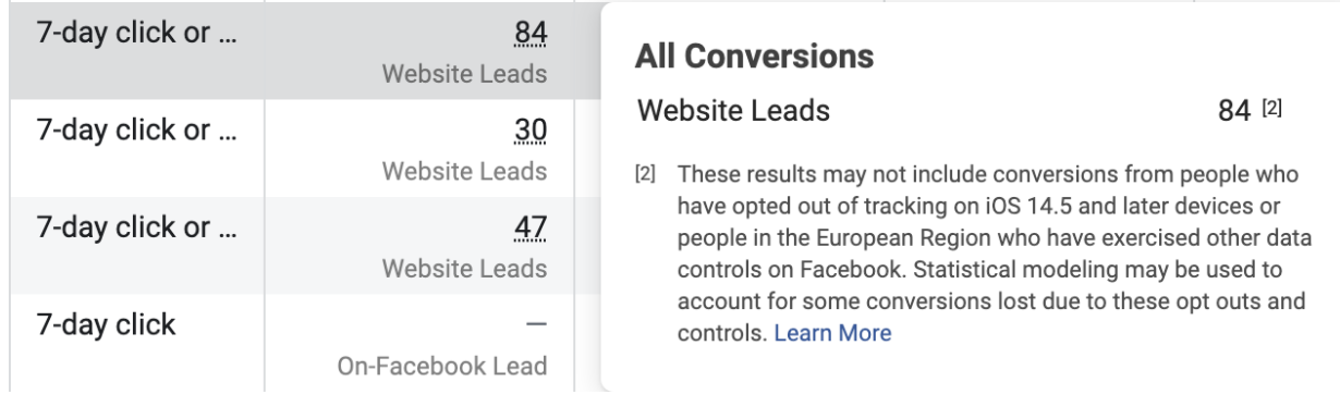 Facebook disclaimer about skewed conversions post iOS 14 update