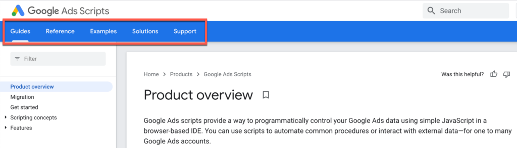 sections-on-google-ads-scripts-page